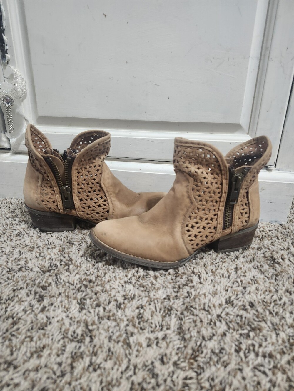 Circle G Tan Laser-Cut Ankle Booties with Side Zipper Detail
